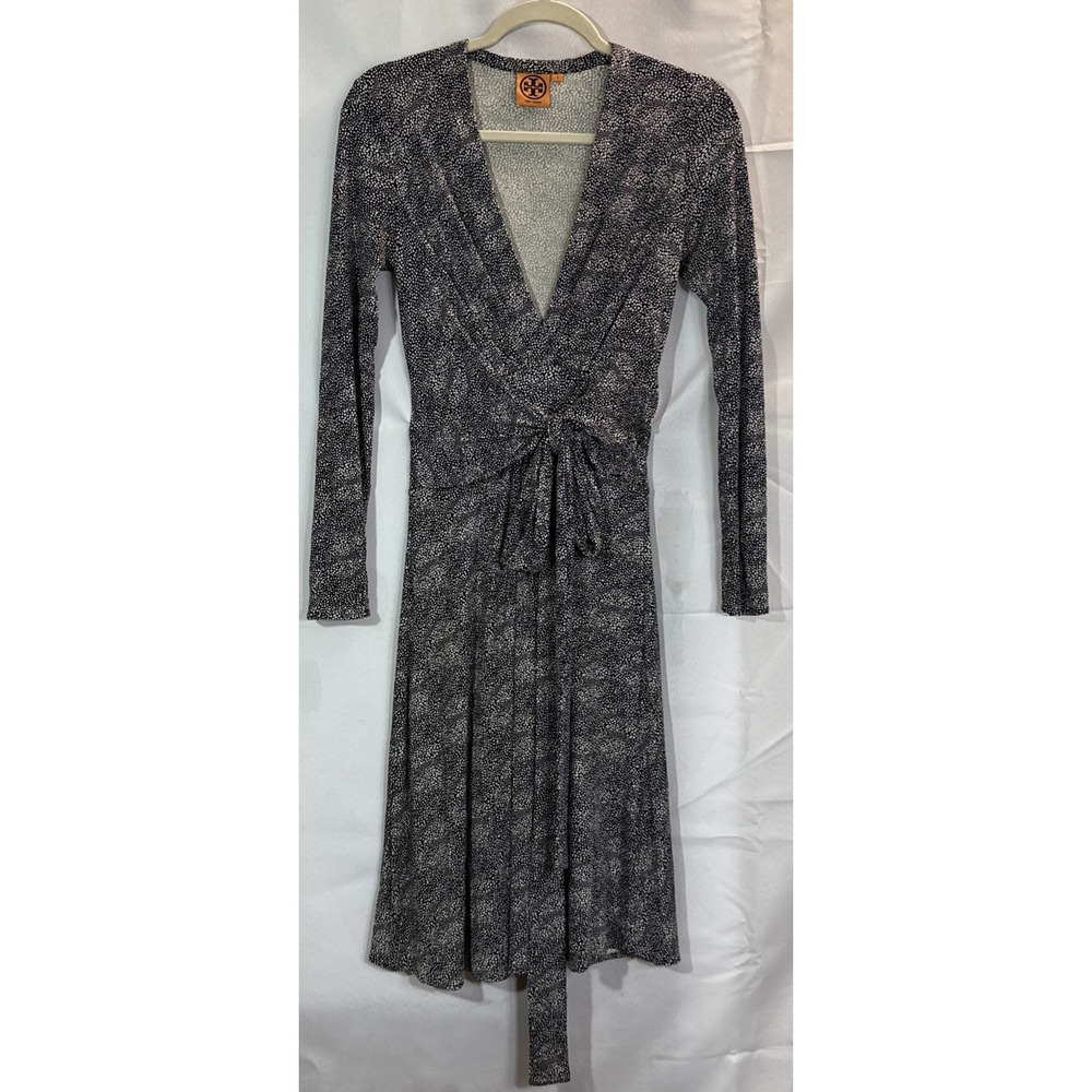 Tory Burch 100%Silk Shirt Dress Size S Black White  Long Sleeve Waist Tie